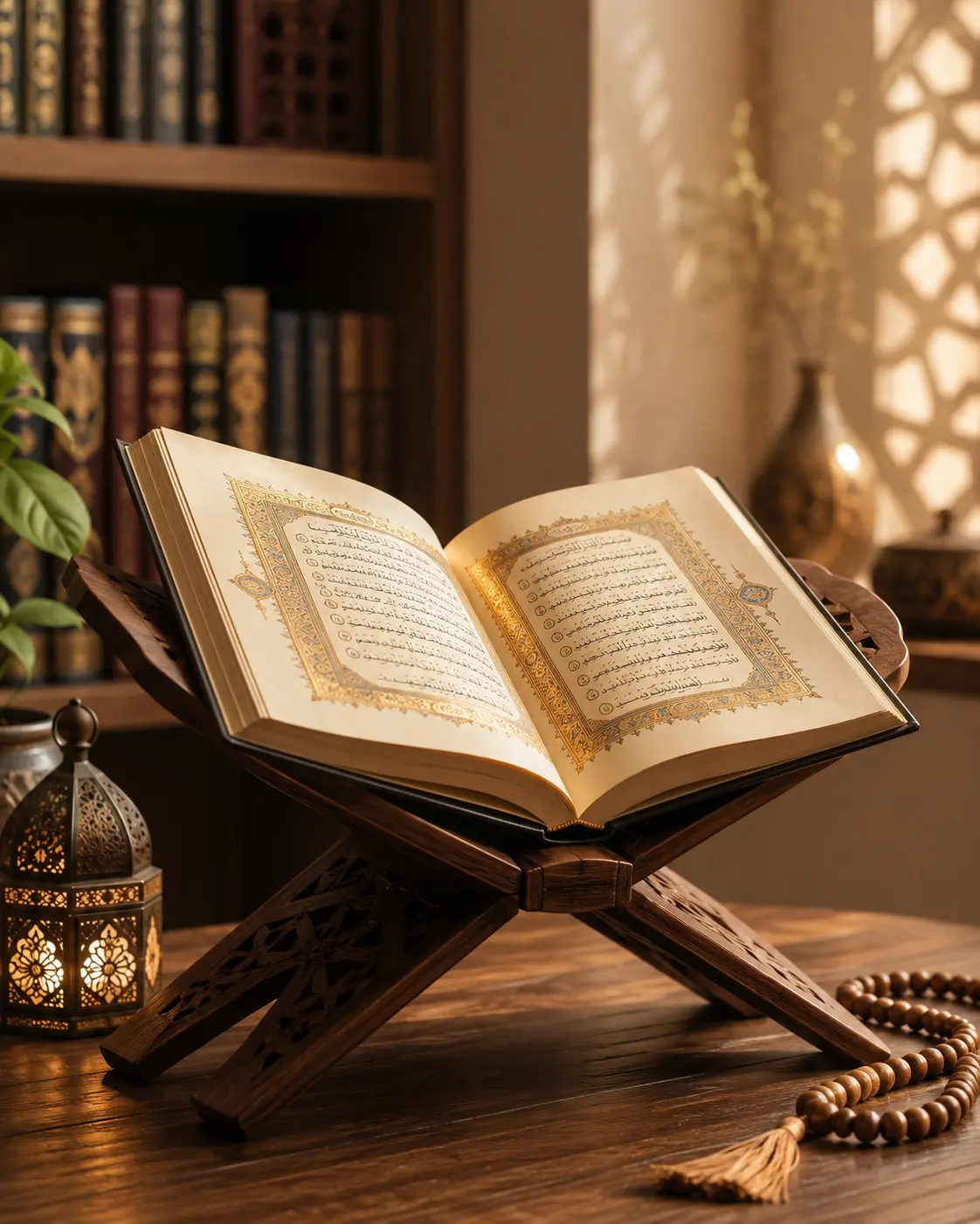 An open, illuminated Quran manuscript on a wooden rehal stand in a softly lit study room